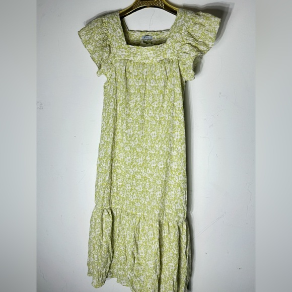 Rails Skylar Revolve Dress Green Posies Cotton Gauze Midi Ruffle Linen size XS - Picture 2 of 9